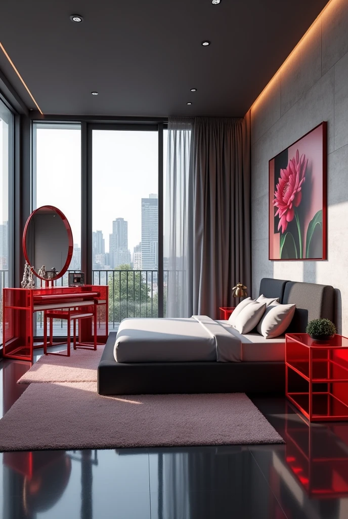 Professional 3d architecture rendering design of modern girl teenage room with modern dark bed and light silver blanket and sheets modern red glassy makeup table and glassy chairand glassy red glassy piano And modern windows and beautiful and modern painting wall with tailor suieft painting and modern windows and showing complete bed room and light gray stone for floor and elegant dark carpet and small ai similar human sitting on the chair