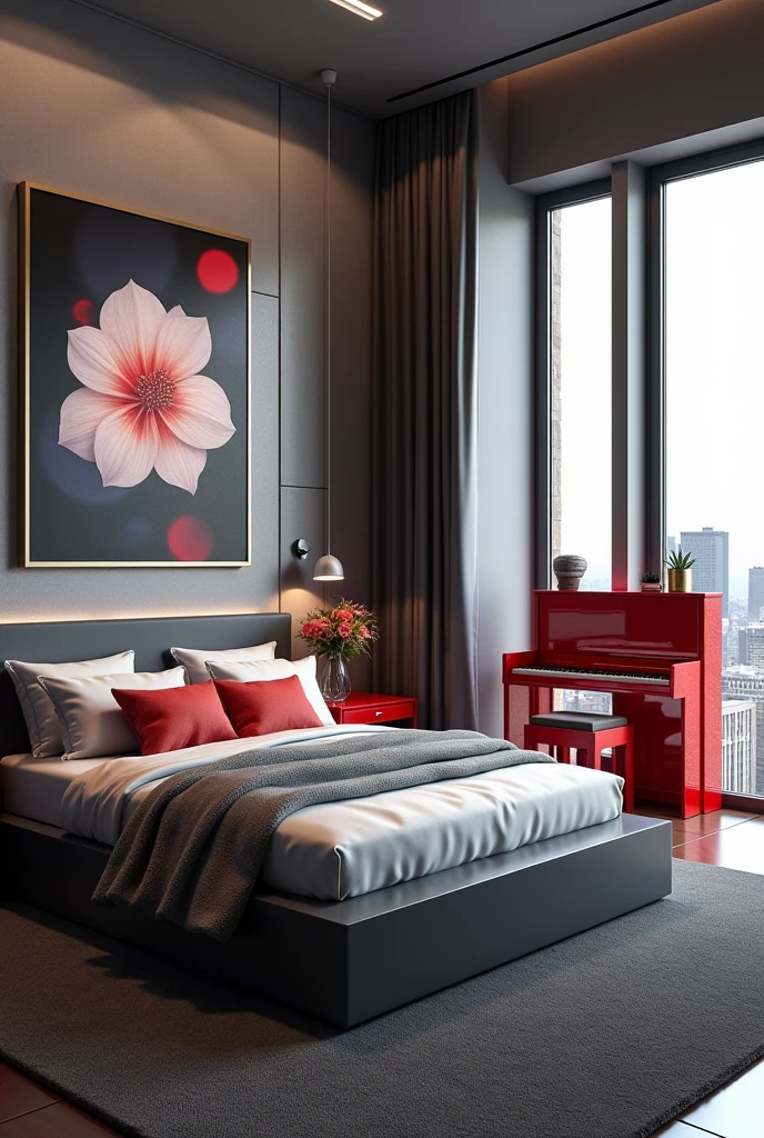 Professional 3d architecture rendering design of modern girl age room with modern dark bed and light silver blanket and sheets modern red glassy makeup table and glassy chairand glassy red glassy piano And modern windows and beautiful and modern painting wall with tailor suieft painting and modern windows and showing complete bed room and light gray stone for floor and elegant dark carpet and small ai similar human sitting on the chair