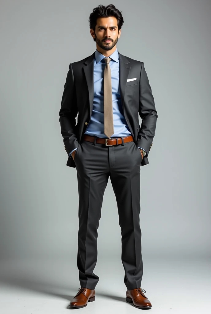 Hritik roshan wearing dark gray suit with light blue shirts and light brown shoes,light brown tie,light brown watch and light brown belt Full body view clean shaved