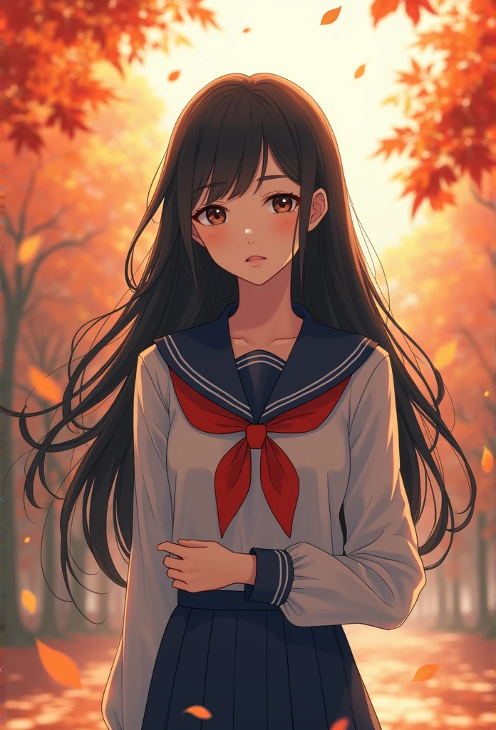 Character wearing school uniform beautiful black hair female autumn leaves, poinciana flowers,simple,simle
