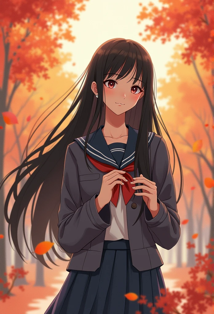 Character wearing school uniform beautiful black hair female autumn leaves, poinciana flowers,simple,simle