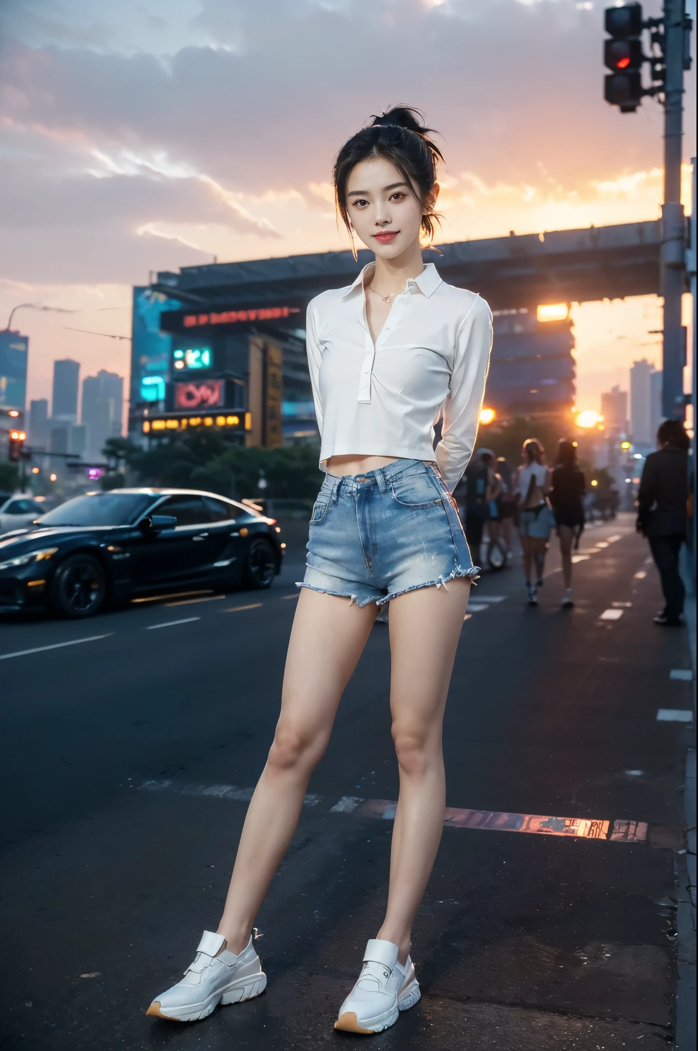 (((best quality))),(((ultra detailed))),(((masterpiece))),illustration,((1 beautiful girl,solo)),((short half ponytail,short hair)),(fair skin:1.3),(detailed eyes:1.3),(smile:1.3),((slim,thin)),((small breasts,flat chest)), (oversize white collared sleeved shirt:1.3), (micro denim shorts:1.2),(slender legs:1.2),(white loafers:1.2),(standing:1.3),(arms behind back:1.5),((vibrant colors, soft glow)), (active and healthy lifestyle,youthful charm),((on the street,cyberpunk city, towering skyscrapers)),(warm sunset glow:1.3),(detailed background:1.3),((vivid neon signs, holographic advertisements, electric atmosphere)),(outdoor:1.3),((summer,dusk scene)),((from front,full body))