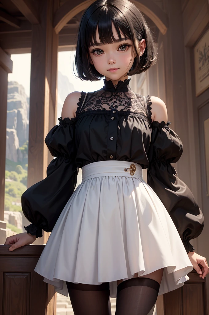 ((masterpiece, best quality, ultra-detailed, high resolution, extremely detailed CG, super detailed, Most beautiful clean lighting)), 1girl, small girl, under 12, cute girl, pretty face, smile, white skin, Beautiful black hair, hair cut in a row, bob cut, straight hair, black eyes, kawaii, slender, small build, kawaii, little body, divine garment, fantastic landscape, ultimate beauty