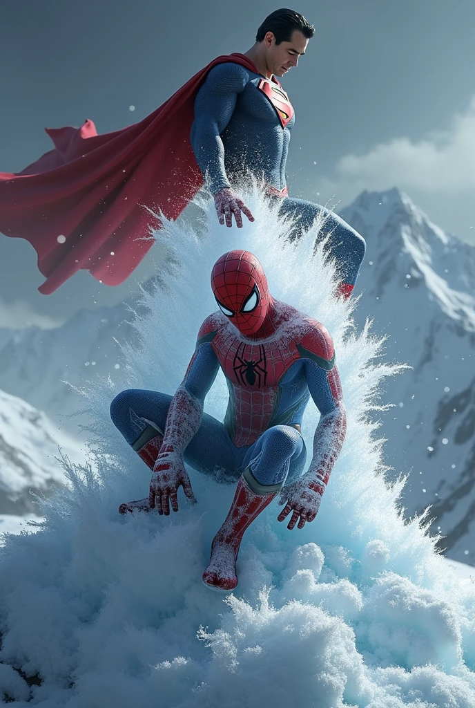 frozen Spider man sitting on top of mount evererest and superman trying to defrost it with he's heat vision