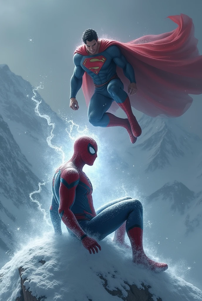 frozen Spider man sitting on top of mount evererest and superman trying to defrost it with he's heat vision