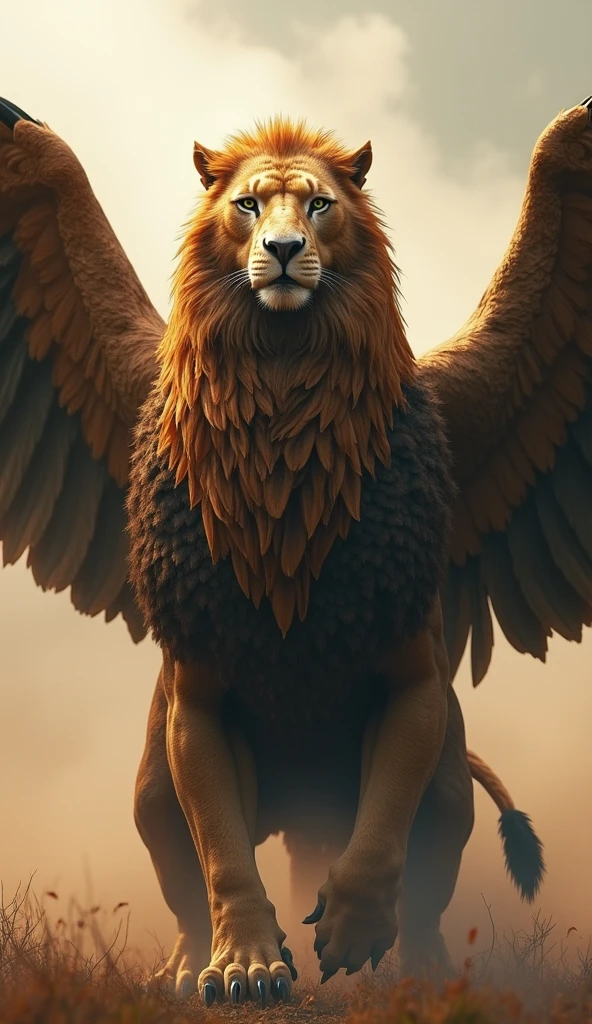 Griffin with spread wings, ((Eagle wings and upper body, Lion's body, Sharp beak)), ((masterpiece, Highest quality, Best image quality, High resolution, Realistic, RAW Photos, 8k)), ((Highly detailed CG synthesis 8k wallpaper)), (Huge and stunning goddess shot, Very hot and sexy, Incredible beauty, Perfect Proportions, Beautiful body, Slim body beauty:1.4), Front view, (Supergirl with her costume in tatters after losing to Griffon)