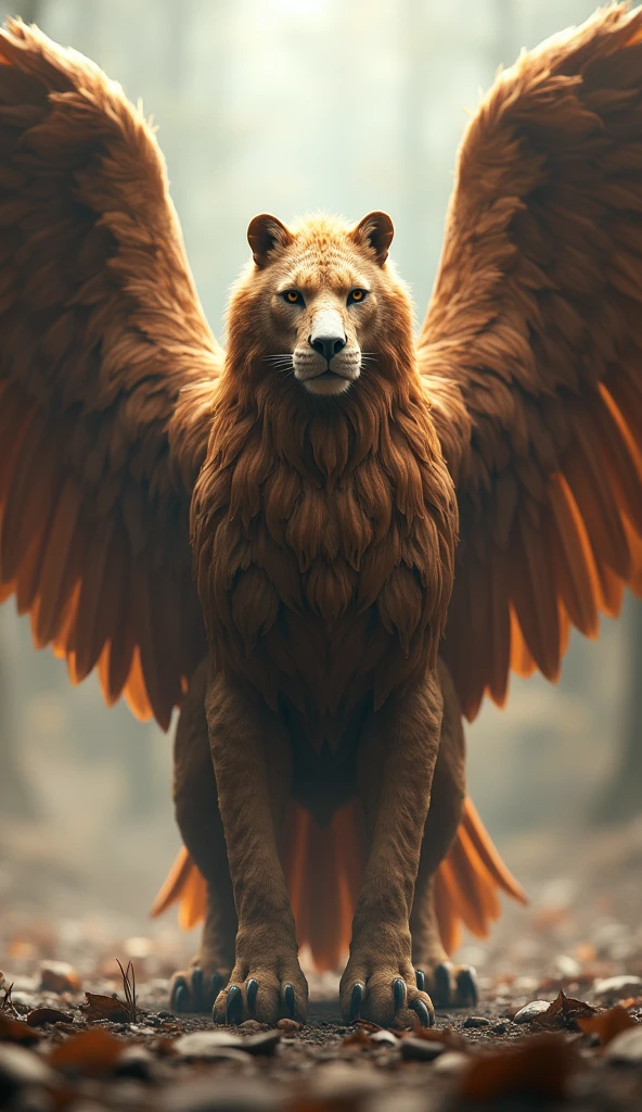 Griffin with spread wings, ((Eagle wings and upper body, Lion's body, Sharp beak)), ((masterpiece, Highest quality, Best image quality, High resolution, Realistic, RAW Photos, 8k)), ((Highly detailed CG synthesis 8k wallpaper)), (Huge and stunning goddess shot, Very hot and sexy, Incredible beauty, Perfect Proportions, Beautiful body, Slim body beauty:1.4), Front view, (Supergirl with her costume in tatters after losing to Griffon)