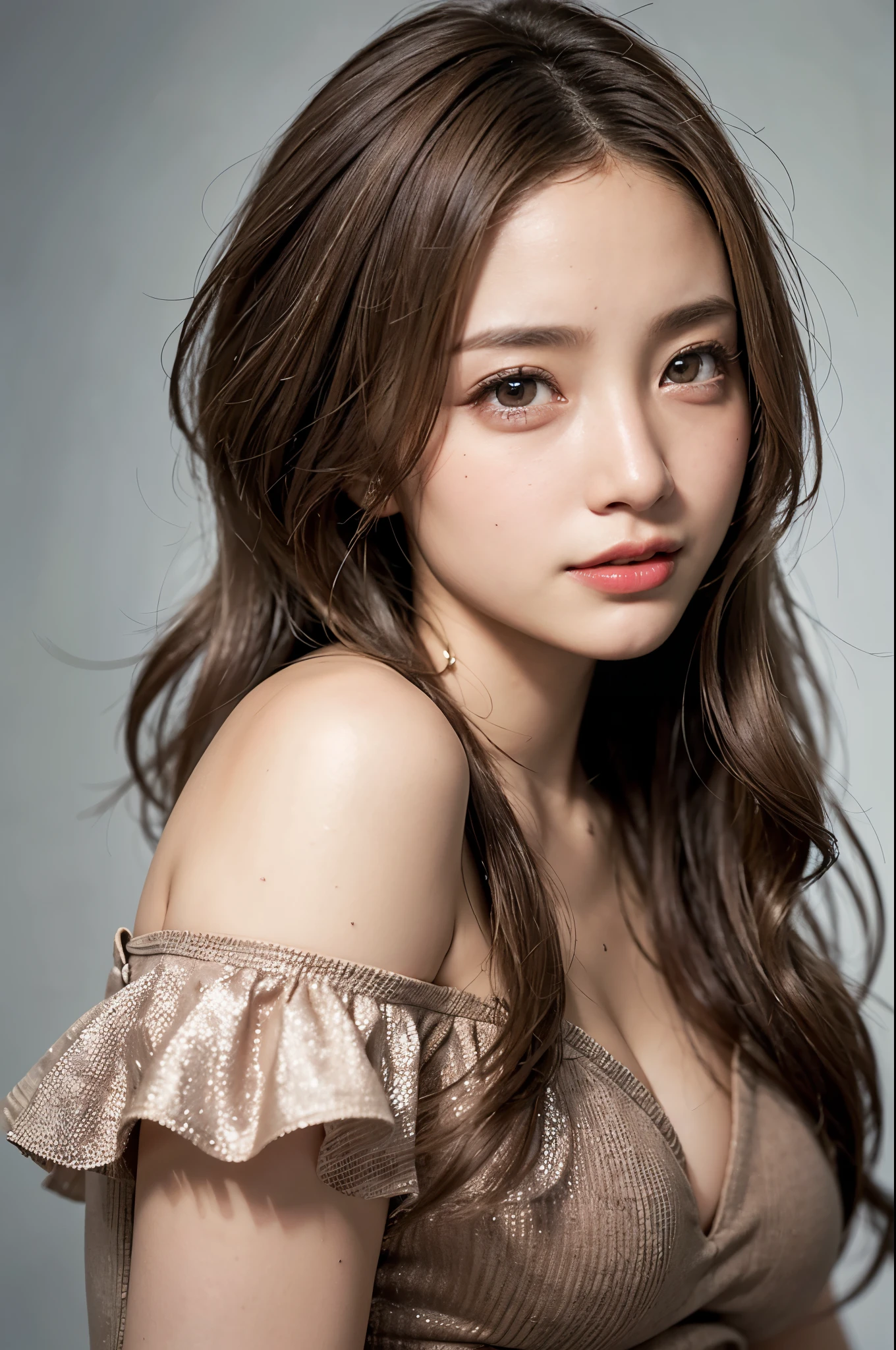 (RAW Photos, Highest quality), (Realistic, photo-Realistic:1.3),Highest quality,Very detailed,masterpiece,Very detailed,figure,One girl,upper_body,Dynamic Angle,world masterpiece theater,Messy_length_hair,Highest quality,Very detailed CG ユニティ 8k 壁紙,ink,wonderful,Cinema Lighting,lens_Flare,,Dunhuang_style、(Light brown wavy hair:1.8)、Off-the-shoulder knit、Spring-like colors、Ultra-high resolution face、超高解像度のhair、Ultra-high resolution sparkling eyes、Ultra high resolution glossy lips、The best smile:1.8,Face close-up:1.2,long and voluminous lashes:1.8,Facing forward:1.5,Voluminous wavy hair