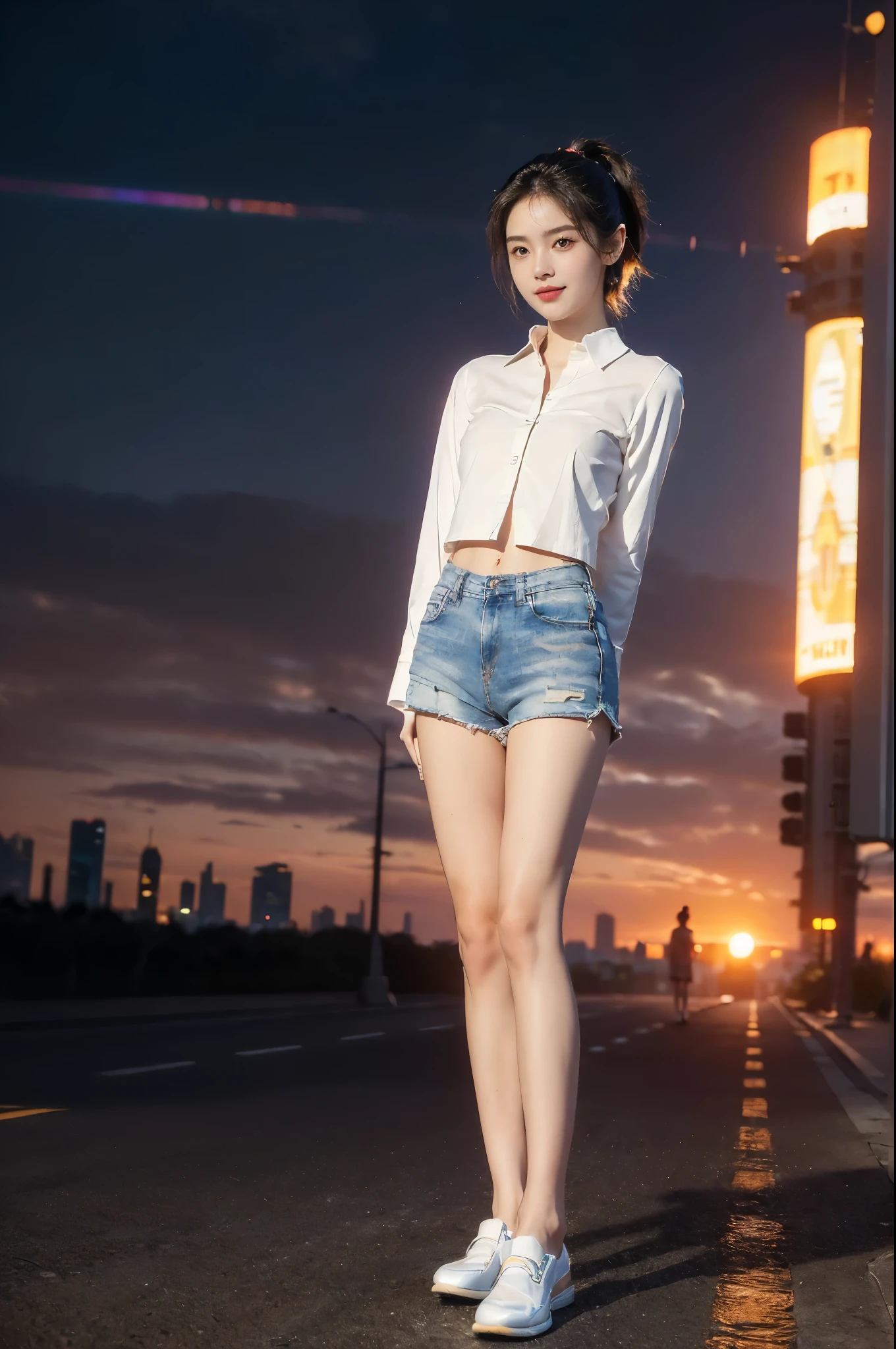(((best quality))),(((ultra detailed))),(((masterpiece))),illustration,((1 beautiful girl,solo)),((short half ponytail,short hair)),(fair skin:1.3),(detailed eyes:1.3),(smile:1.3),((slim,thin)),((small breasts,flat chest)), (oversize white collared sleeved shirt:1.3), (micro denim shorts:1.2),(slender legs:1.2),(white loafers:1.2),(standing:1.3),(arms behind back:1.5),((vibrant colors, soft glow)), (active and healthy lifestyle,youthful charm),((on the street,cyberpunk city, towering skyscrapers)),(warm sunset glow:1.3),(detailed background:1.3),((vivid neon signs, holographic advertisements, electric atmosphere)),(outdoor:1.3),((summer,dusk scene)),((from front,full body))