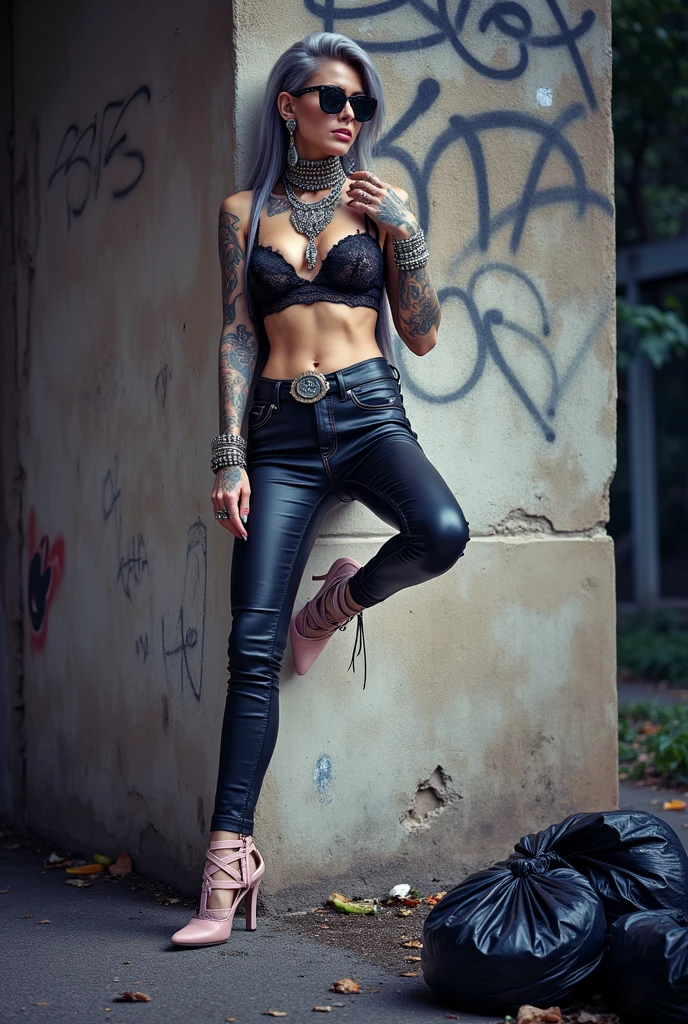 russian milf woman,  grey hair (bouffant, top bun) and oversized square sunglasses and wide  colourful bandana as headband, with very light green eyes, extremely pale. Big lips.  Black lace push up bra, silicone breast,, tight skinny  black low rise leather jeans. Light pink high heel mules. Lots of thick wide studded bracelets, chain necklaces and big rings,. Two loose studded belts. Long earrings with chains and feathers. Back against a wall, separated legs, touching her necklaces with both hands. Chin down in shame, looking down at the ground, Neck, chest, stomach and wrists heavily tattoed.  Toned abdominals, thin neck, slim legs and thin arms. Narrow hips. Full body. At a dead end street with graffitied walls, ground littered with waste and black plastic garbage bags. Full body