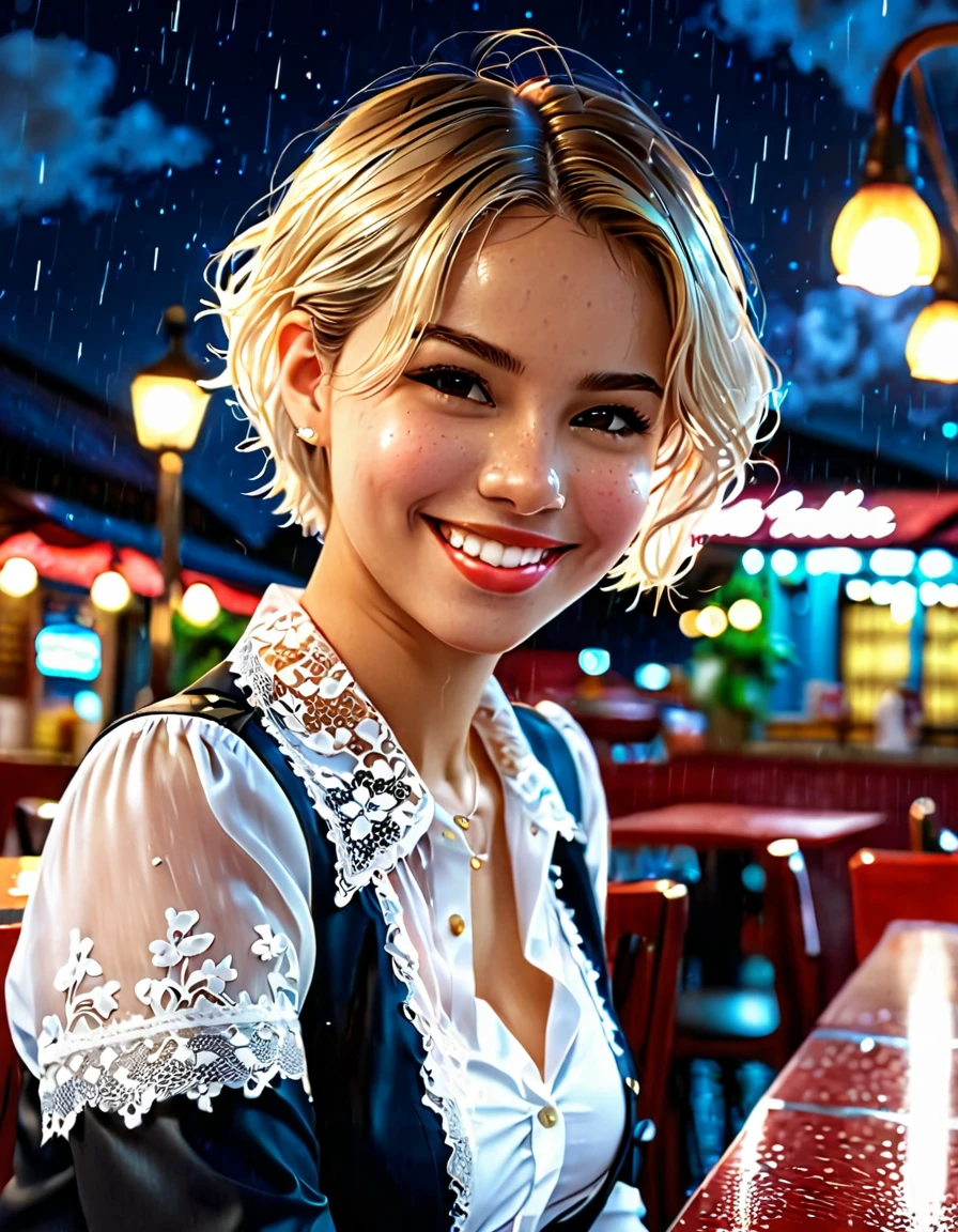 (8k, Best Quality, Masterpiece: 1.2), (Realistic, Photorealistic: 1.37), Super Detailed, 1 Girl, Cute, Alone, Beautiful Detailed Sky, Detailed Cafe, Night, Sitting, Date, ( Nose blush), (smile: 1.15), (close mouth) small breasts, beautiful details, (collared shirt: 1.1), night, wet, business wear, rain, white lace, (short hair: 1.2), floating Hair NovaFrogStyle,