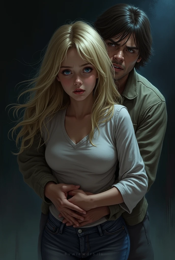 A girl with long blond hair and blue eyes. Dziewczyna została porwana i przetrzymywana. There's a guy standing behind her, he's got his hand across her stomach and is holding her tightly to himself..
