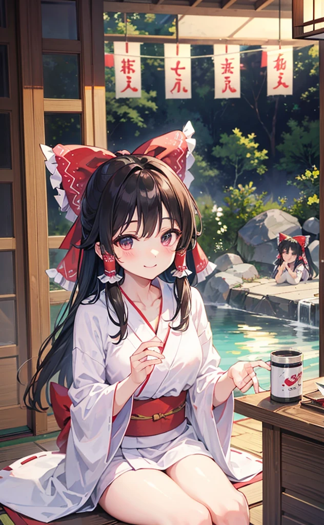 Hakurei Reimu、yukata、hot spring、cute、smile、milk、One person、busy、hot spring道中、old、stage