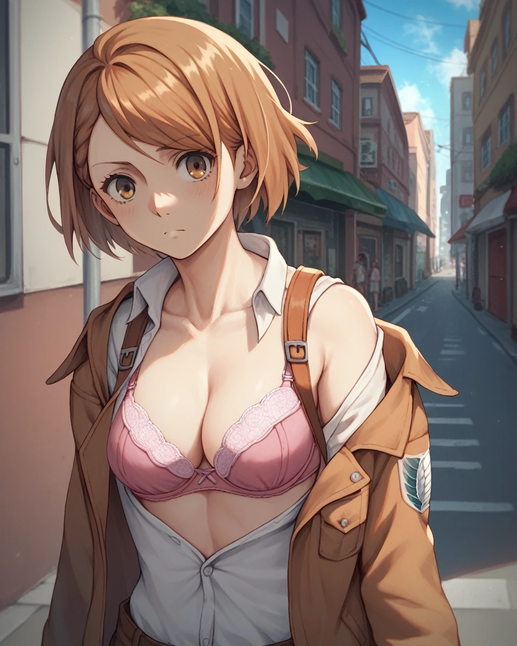 score_9, score_8_up, score_7_up, petra ral, 1girl, solo, short hair, brown hair, brown eyes, yellow bra, yellow thong,street
