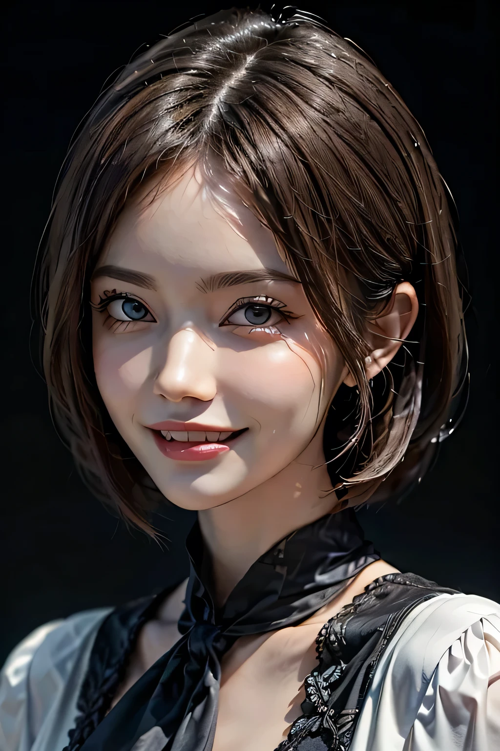 ((masterpiece)), ((Highest quality)), ((Complex)), ((Surreal)), (Realistic), (Mature Woman), ((There are no classes)), Very detailed, (1 female), Beautiful and exquisite, (Beautiful Teeth), Grin, Brunette bob hair, Brown eyes, ((blouse)), (Upper Body), ((background:none)), Perfect Eyes, Captivating eyes, Looking at the audience