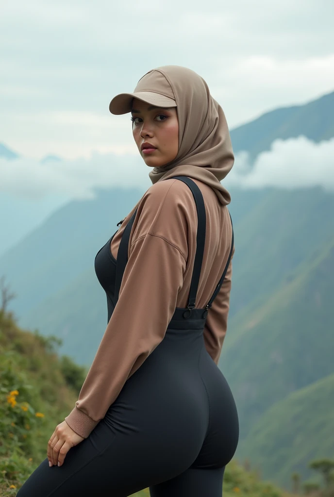 full-body portrait photograph of a young java woman hijab with polo Cap, wearing pinafore with tight-fitting , hotpant with leggings, oversized_breasts.", she is hiking, in a unique, photoshot model, ((in sea of clouds over the mountain))), pullover, highres, big buuts, 4k, HDR, 1girl, photorealistic, realistic, big booobs, turning away facial at viewer, closeup