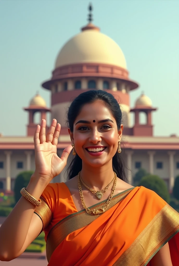 Indian politician smiling and waiving her hand in air , parliament in background