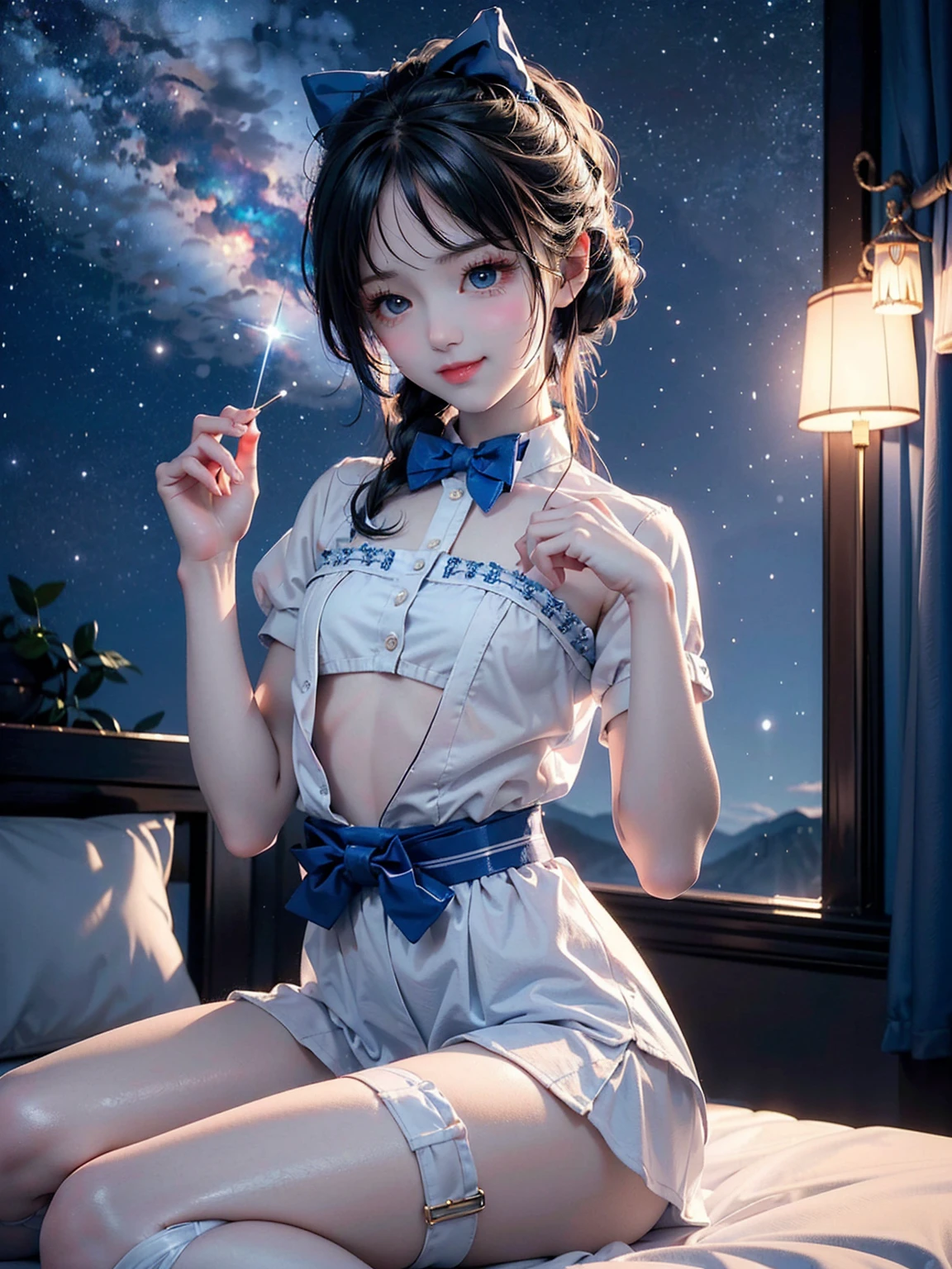 NSFW, 8k, High-level, absurd, masterpiece, best quality, primitive, very detailed CG, very detailed wallpaper, perfect lighting, Extremely detailed (((The personifying " Jeannie in Dream of Jeannie " as a Little Girl))), MysticSight, Tyndall effect, Tyndall scattering, Studio gray background with (many Dazzling RainbowColor particles BokeH:1.28), (RoundlyButts, ThighGap), (Exposed:0.4), (Assfocus with looking ahead), BREAK (NOGIZAKA face variations) Extremely Detailed very KAWAII face variations, perfect anatomy, Childish, captivating gaze, elaborate detailed Eyes with (sparkling highlights:1.28), long eyelashes、Glossy RED Lips with beautiful details, Coquettish tongue, Rosy cheeks, Radiant PearlSkin with clear transparency . { (Dynamic LifeLike expressions:1.4) | :d) }, (large eyes:-1) .