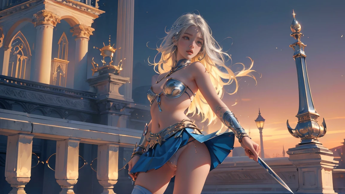 Top quality, masterpiece, very high resolution, (photorealistic: 1.4), Raw photo, (((3 girls))), long straight blond hair cut in a bob, light blue eyes, (beautiful breasts)、shiny skin、(( (beautiful detailed European faces)))、With a beautiful sword and shield、gorgeous and resplendent luminous girls,(Beautiful silver sexy armor、mini skirt, (((Random straight hair))),(((beautiful legs))), (proportionate breasts ), Seductive look, ((beautiful smiling)), ((SEA FRONT BACKGROUND)), (Ultimate beauty), (Detailed and realistic beauty face), ((see pantie)), ((apparent pussy)), (Small LED), ((Super realistic details)), portlate, global lighting, Shadow, octane rendering, 8k, ultra-sharp, exposed raw skin in neckline, metals, Intricate ornament details, very intricate details, Lightweight and realistic (Mystical expression), CGSoation trend, bright eyes, Facing the camera), Gundam, Small LED.(((NFSW,pussy))),