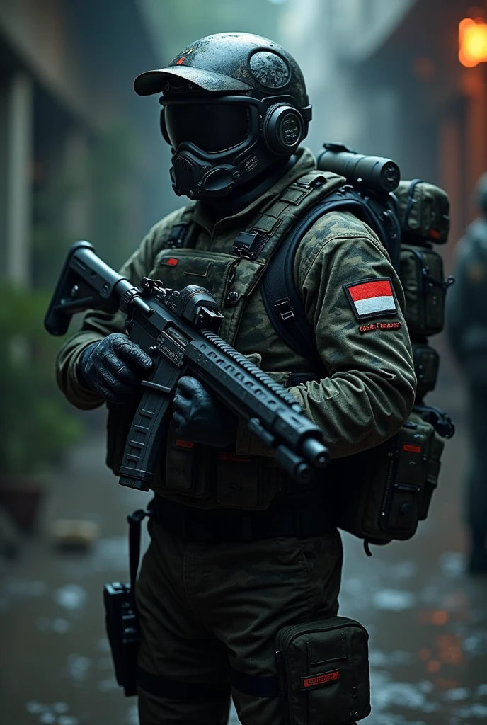an Indonesian TNI Kopassus Soldier with indonesian flag badge and a name tag "DAMIAN", wearing futuristic battle suit camouflage holding a futuristic gun, wearing a big futuristic military backpack, nightvision