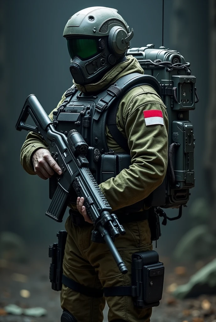 an Indonesian TNI Kopassus Soldier with indonesian flag badge and a name tag "DAMIAN", wearing futuristic battle suit camouflage holding a futuristic gun, wearing a big futuristic military backpack, nightvision