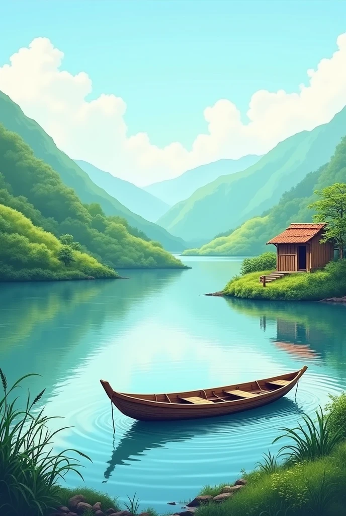 Create an image of loktak lake for drawing for class 6 (with house and a boat)