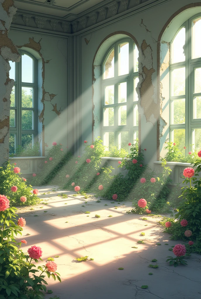Inside the abandoned room、There are many windows、The walls are collapsing、White Room、The morning sun is shining and it&#39;s bright、Beautiful flowers on the ground and walls々is blooming、There is no one、front、high resolution、16:9、Makoto Shinkai style