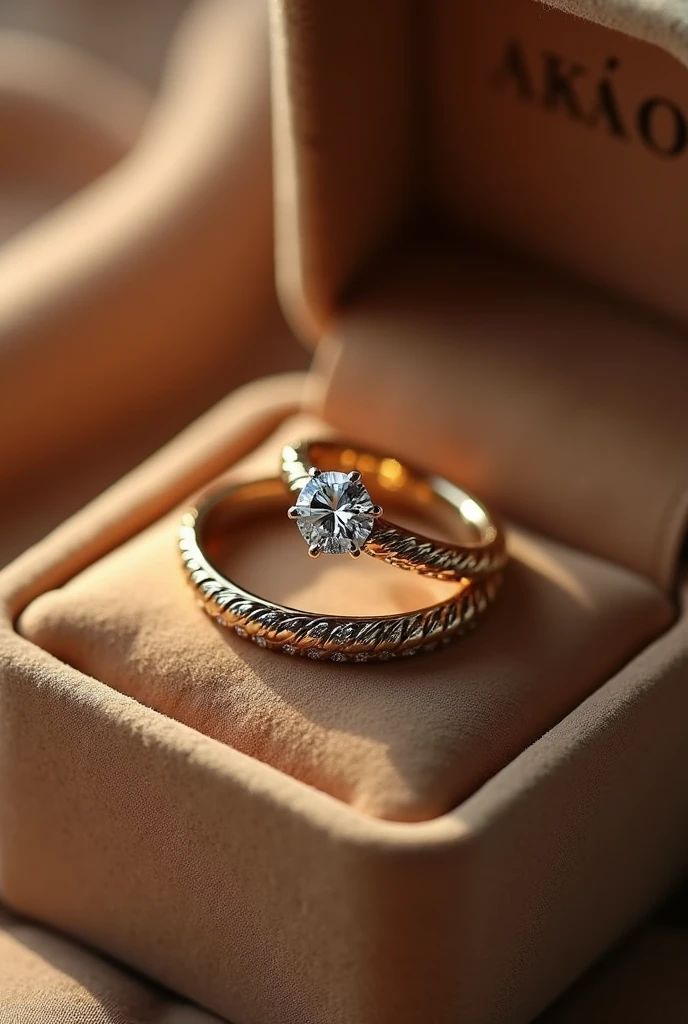 pair of wedding rings and engagement ring in gold color in a velvet box the men's ring is simple, only smooth with a light braided finish around it matching the women's ring the women's ring has a brilliant minimalist diamond stone reminiscent of a flower and around it a braided finish with small diamonds on the inside of the rings the word is engraved "AKAI TO"