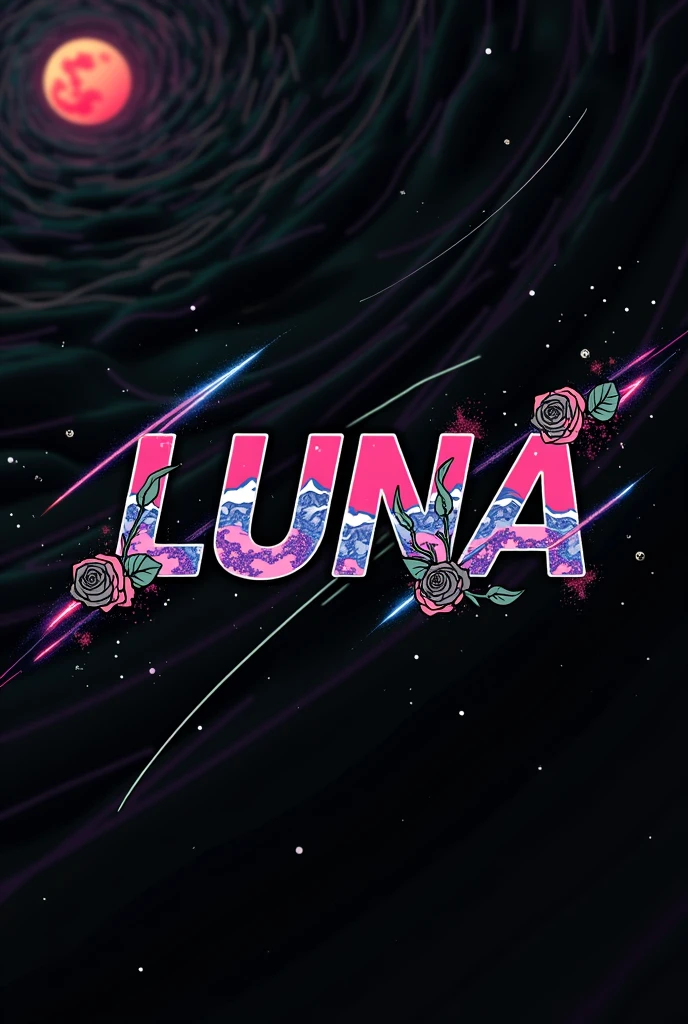 High resolution, logo spelling swiftly “Luna” cool, Jdm theme, anime theme, Cyberpunk vibe name spelling, brand logo, logo for tshirt, brand logo “LUNA”, neon vibes, acid trip vibes, acid trip, shooting stars, acid trip inside “LUNA”, acid trip, hallucinations inside “LUNA”, Waves of hallucinations, purple, techno hallucinations inside “LUNA”, Acid trip hallucinations inside “LUNA” , Waves of hallucinations inside “LUNA, splash, black roses with green leaves, blood moon, horror, 