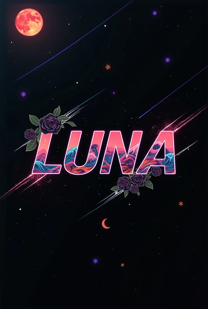 High resolution, logo spelling swiftly “Luna” cool, Jdm theme, anime theme, Cyberpunk vibe name spelling, brand logo, logo for tshirt, brand logo “LUNA”, neon vibes, acid trip vibes, acid trip, shooting stars, acid trip inside “LUNA”, acid trip, hallucinations inside “LUNA”, Waves of hallucinations, purple, techno hallucinations inside “LUNA”, Acid trip hallucinations inside “LUNA” , Waves of hallucinations inside “LUNA, splash, black roses with green leaves, blood moon, horror,