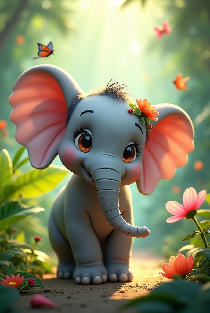 A highly detailed, photorealistic 4K image of a whimsical jungle scene featuring a young, adorable elephant with a slightly cartoon-like appearance. The elephant has big, soulful eyes that convey a gentle and friendly personality, and its gray skin is blended with soft pastel colors like light lavender, pale blue, and silver. Its ears and back are adorned with small, colorful flowers and delicate vines that add a magical and natural touch. The background is a vibrant jungle filled with large, green leaves, exotic flowers, and cascading sun rays filtering through the dense canopy, creating a warm and serene atmosphere. Brightly colored birds and butterflies flutter around, adding to the lively and enchanted environment. Art style: Fantasy realism with jungle elements. Lighting: Soft, dappled sunlight with natural ambient glow. Camera: Close-up shot with a dynamic low-angle view. Render: Octane Render, 8K resolution.