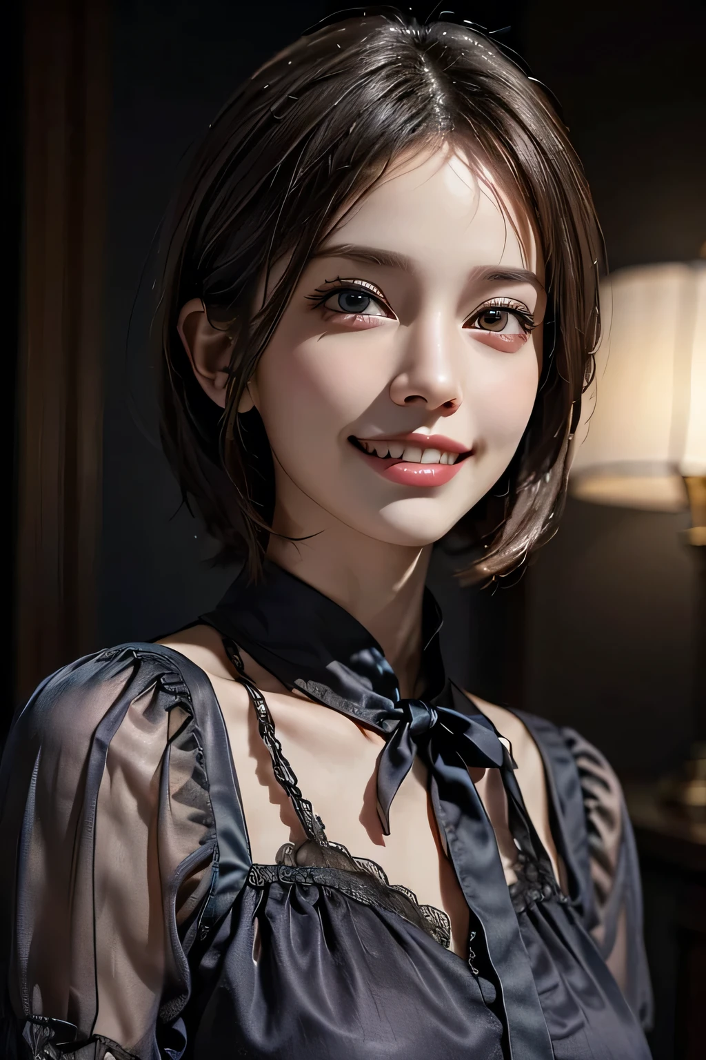 ((masterpiece)), ((Highest quality)), ((Complex)), ((Surreal)), (Realistic), (Mature Woman), ((There are no classes)), Very detailed, (1 female), Beautiful and exquisite, (Beautiful Teeth), Grin, Brunette bob hair, Brown eyes, ((blouse)), (Upper Body), ((background:none)), Perfect Eyes, Captivating eyes, Looking at the audience