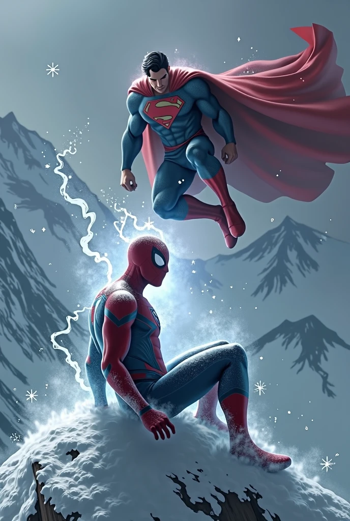 frozen Spider man sitting on top of mount evererest and superman trying to defrost it with  he's heat vision