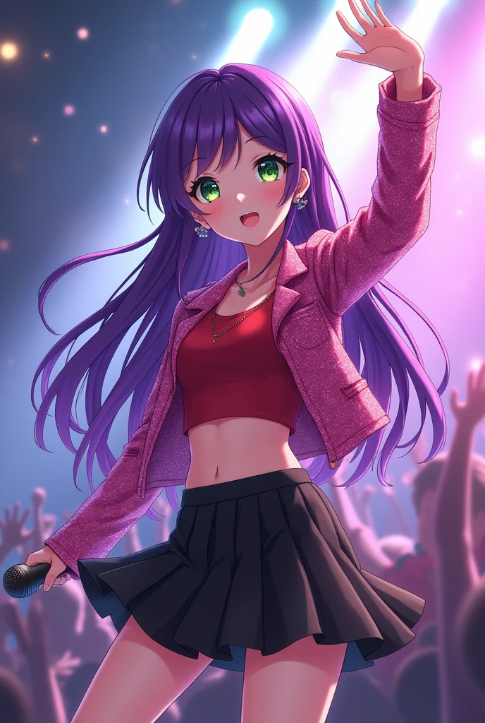 A beautiful anime girl with green eyes . She has long curly purple hair . She is on stage holding a microphone singing. She is waving at people . She is wearing a sequined pink jacket and a red crop top . She is wearing a black short .