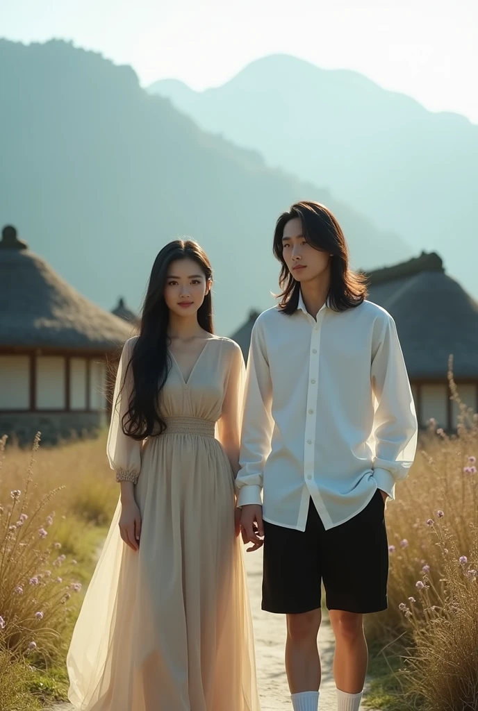a beautiful woman with long flowing black hair, smooth and soft, a naturally beautiful face with brownish eye corneas, wearing a long elegant and charming dress, smiling sweetly standing facing the camera, the charm of a beautiful Korean woman with a naturally beautiful face, standing and smiling at her, a handsome Korean man long hair, wearing a white shirt, black shorts and sneakers, a backdrop of beautiful natural charm in a Wae Rebo village with typical buildings made of thatch and cone-shaped down to the ground, pristine nature and a stunning mountain backdrop which is shrouded in fog in the morning, the morning sunlight penetrates the fog adding to the beauty, very realistic, cinematic