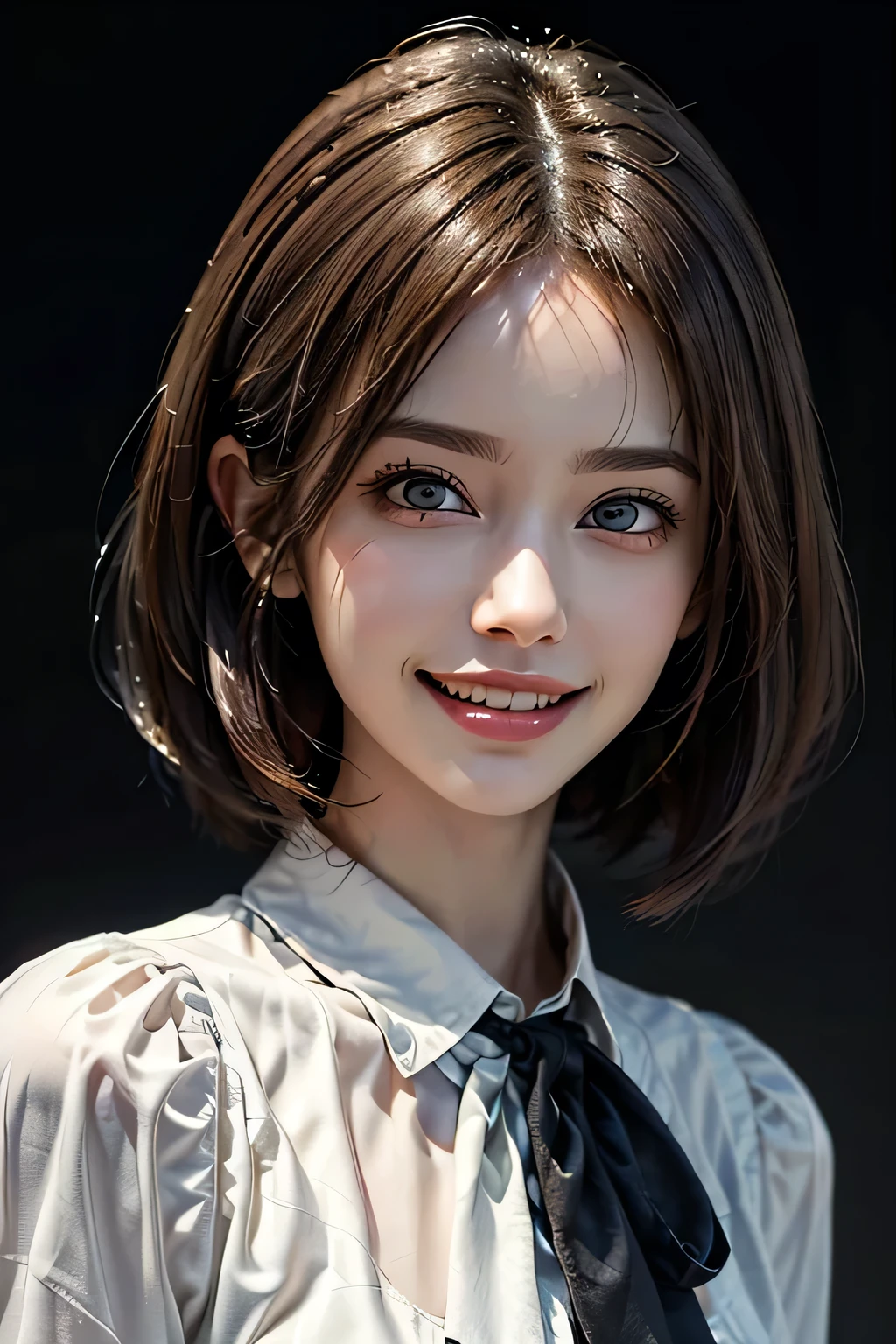 ((masterpiece)), ((Highest quality)), ((Complex)), ((Surreal)), (Realistic), (Mature Woman), ((There are no classes)), Very detailed, (1 female), Beautiful and exquisite, (Beautiful Teeth), Grin, Brunette bob hair, Brown eyes, ((blouse)), (Upper Body), ((background:none)), Perfect Eyes, Captivating eyes, Looking at the audience