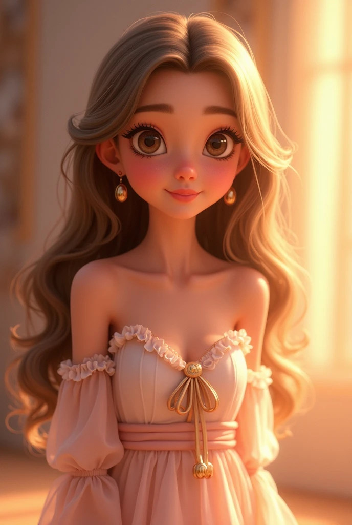  little Disney Pixar style light brunette long straight honey colored hair with curls at the ends loose with bow dark brown eyes thin lips wearing a dress with sleeves happy sweet wearing ballet flats 