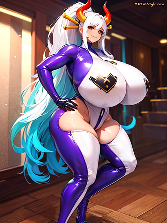 1 woman, yamato, in posing picture, standing, long hair, high ponytail, multicolored hair, aqua hair, white hair, two-tone hair, hair ornament, horns, multicolored horns, latex, latex dress, latex catsuit, latex bodysuit, latex clothing, latex fashion, latex fetish, (huge breasts:1.5), large breasts, Photorealistic, perfect body, Realistic queen, big chest, beautiful anime woman, perfect body, Voluptuous body, big ass, muscolar ass, muscolar legs, ((smile)), (abdominals:1.4), 2, 7headed body, (cute face), (Ideal ratio body proportions), Wearing sweat, Smiling smile, long-hair, beauty legs, Skinny Legs, surrealism, Ultra Quality, Masterpiece, Ethereal,Ultra-Detailed,8K, breathtaking beauty, vivid colors reflects, full body picture