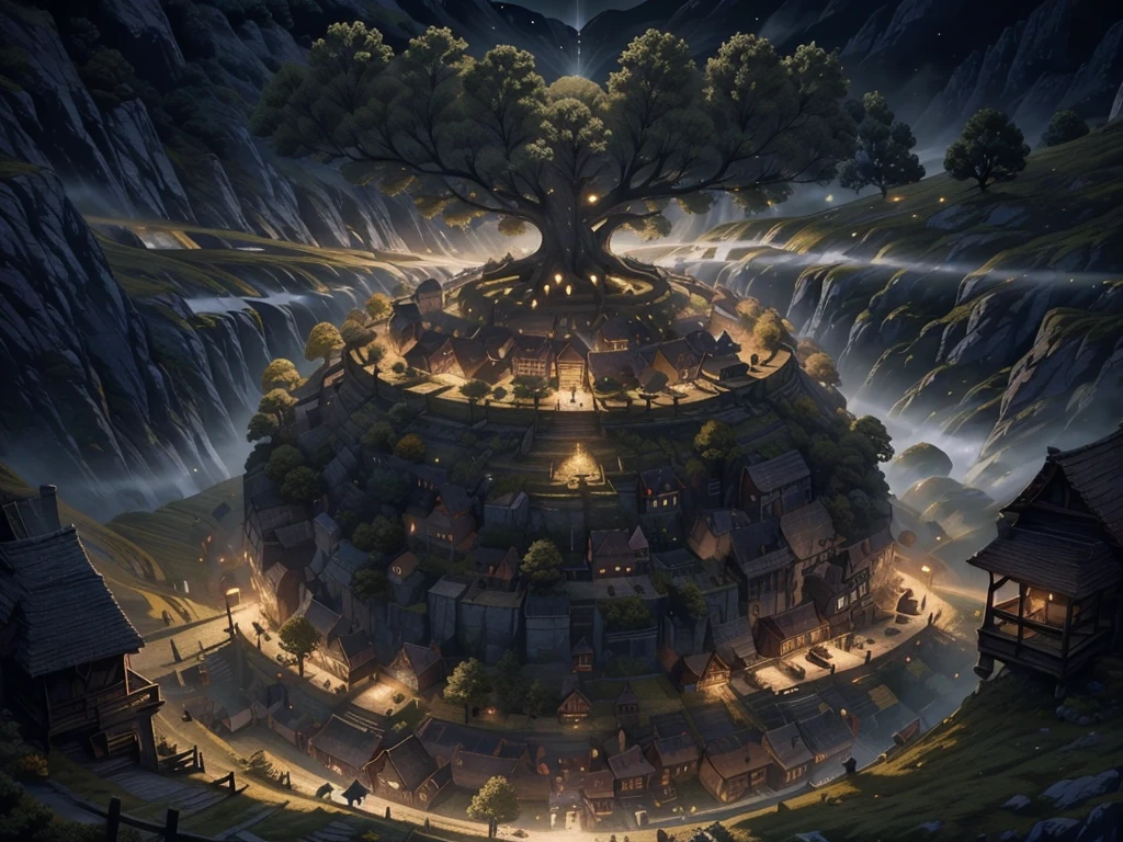 Depict the scene with a soft, watercolor-like touch, creating a dreamy and ethereal landscape. A colossal world tree floats, rendered with delicate detail and realism. The tree is enveloped in light, which passes through its leaves and branches, emphasizing transparency and depth. The interplay of light reflections and refractions creates a hazy, watercolor-like texture, giving the tree the illusion of merging with the surrounding space. Surrounding the tree, countless firefly-like lights drift in soft, watercolor hues, enhancing the magical atmosphere. The great tree stands out compared to the floating islands, which are arranged randomly. Each island features impressionistic natural landscapes such as hazy waterfalls, forests, and lakes, with small birds and deer inhabiting them. The background, with its soft watercolor colors, includes a sky with clouds or stars that gently emphasizes the sense of depth and dimensionality. Magical sky.