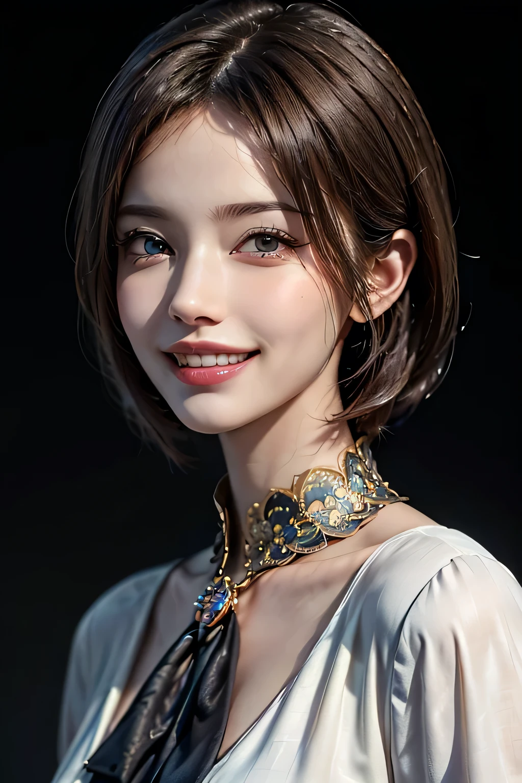 ((masterpiece)), ((Highest quality)), ((Complex)), ((Surreal)), (Realistic), (Mature Woman), ((There are no classes)), Very detailed, (1 female), Beautiful and exquisite, (Beautiful Teeth), Grin, Brunette bob hair, Brown eyes, ((blouse)), (Upper Body), ((background:none)), Perfect Eyes, Captivating eyes, Looking at the audience