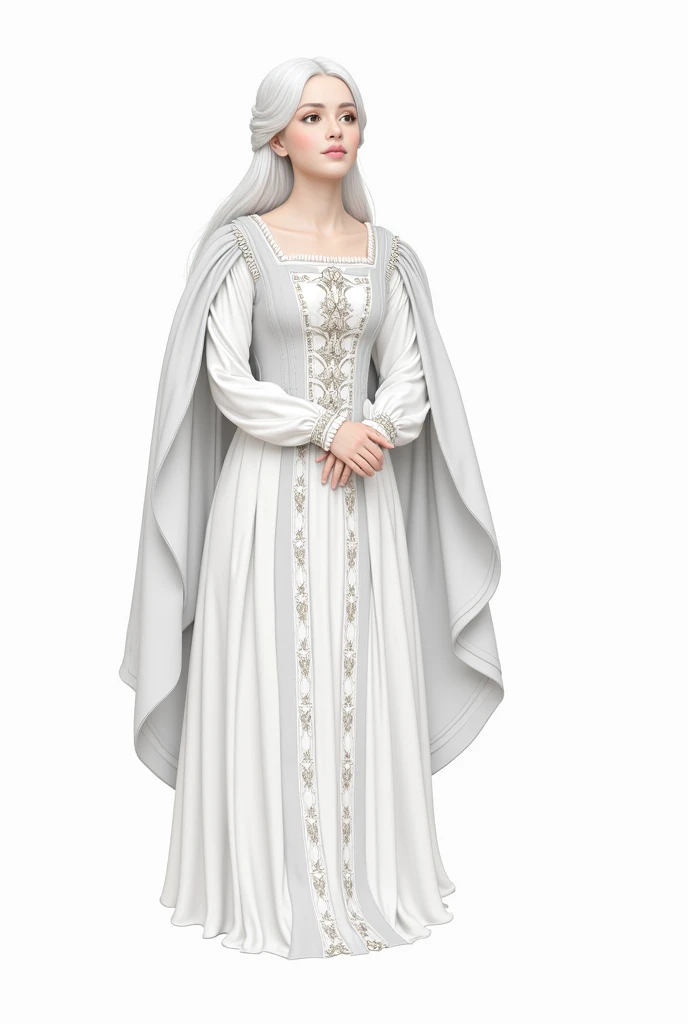 women, elegant, calm medieval princess dress, beautiful, cabello largo blanco y elegant, white eyebrows, Golden eyes, european face, detailed dress, medieval times, Royals, portrait, (Best Quality), (masterpiece), (Very detailed), (4k)