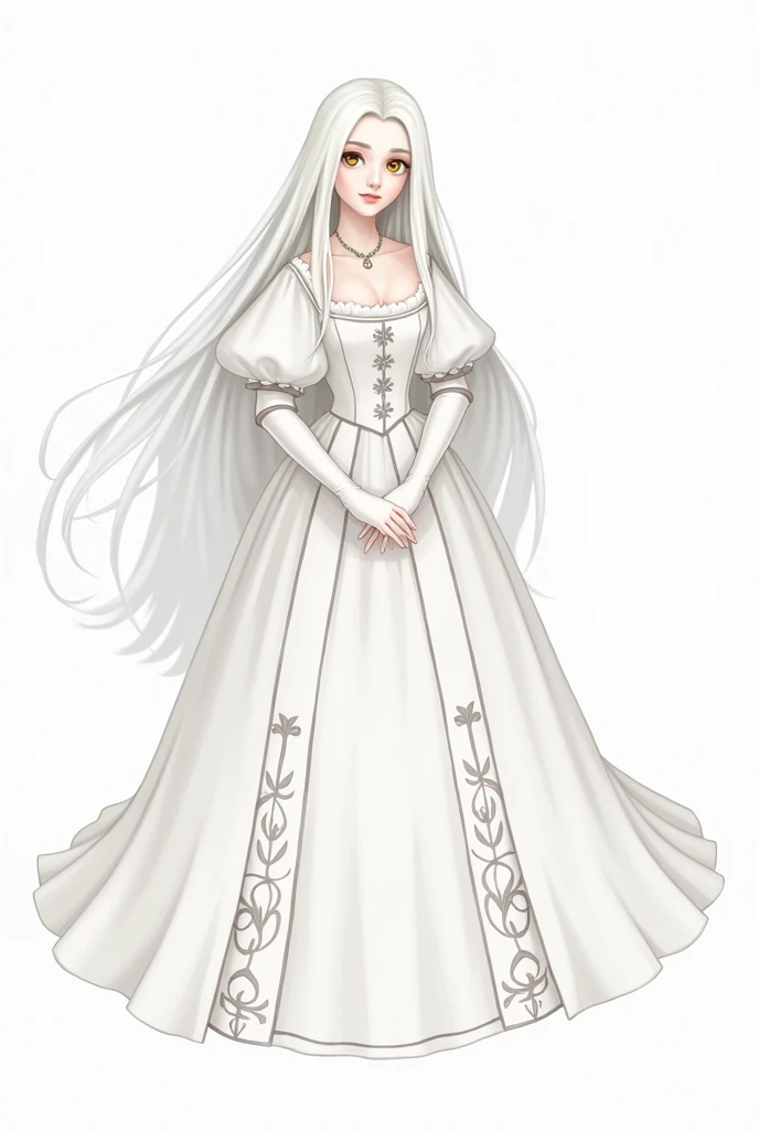 claymore (series),ophelia (claymore),1girl,Solo,fantasy,pale white skin,silver hair,show the forehead full,((slicked back hair)),hair pulled back,single braid,very long and large braid,yellow eyes,white bodysuit,white gloves,collarbone,silver pauldrons,(evil smile),a sad look,sinister female warrior,in the dark night lakeside,with trees ,no moon