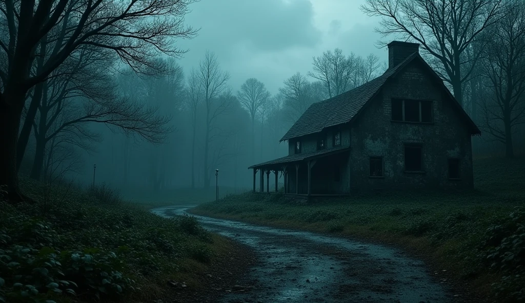 (Masterpiece:1.2,Highest quality,Ultra high resolution,very detailed,realistic,Ultra high resolution,8ก,Wallpaper,(ภาพถ่ายhorror),(The picture shows details of the abandoned village.),Covered by dense forest,Scary,nighttime,Quiet and scary,horror,The most realistic