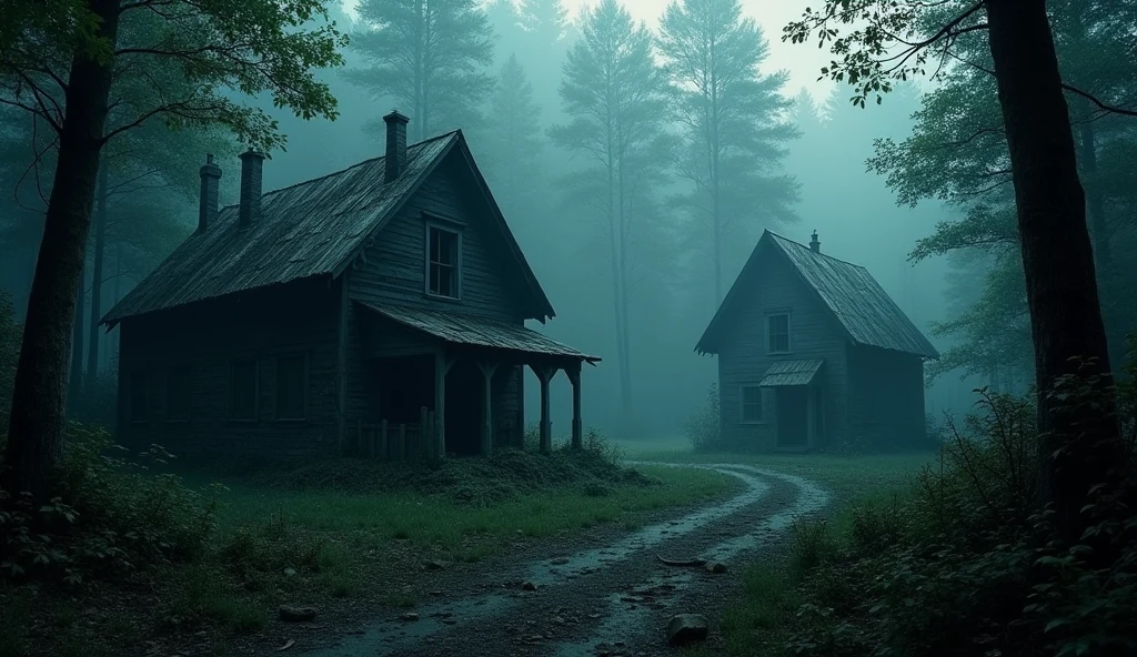 (Masterpiece:1.2,Highest quality,Ultra high resolution,very detailed,realistic,Ultra high resolution,8ก,Wallpaper,(ภาพถ่ายhorror),(The picture shows details of the abandoned village.),Covered by dense forest,Scary,nighttime,Quiet and scary,horror,The most realistic