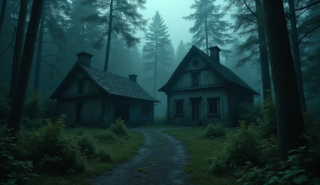 (Masterpiece:1.2,Highest quality,Ultra high resolution,very detailed,realistic,Ultra high resolution,8ก,Wallpaper,(ภาพถ่ายhorror),(The picture shows details of the abandoned village.),Covered by dense forest,Scary,nighttime,Quiet and scary,horror,The most realistic