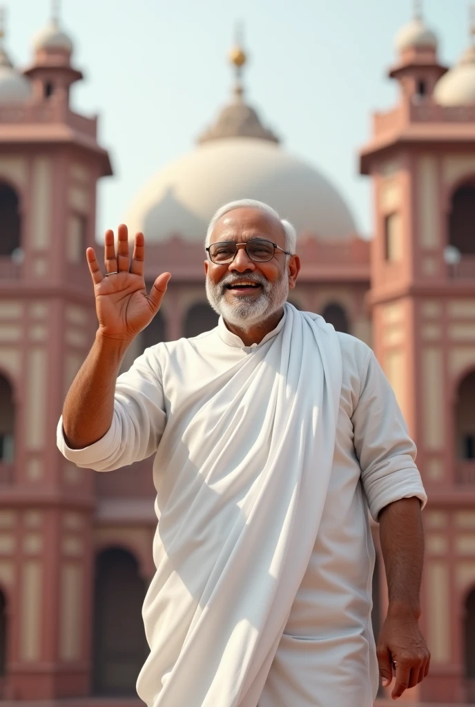 Indian male politician in white dhoti kurta, smiling and waiving her hand in air , parliament in background