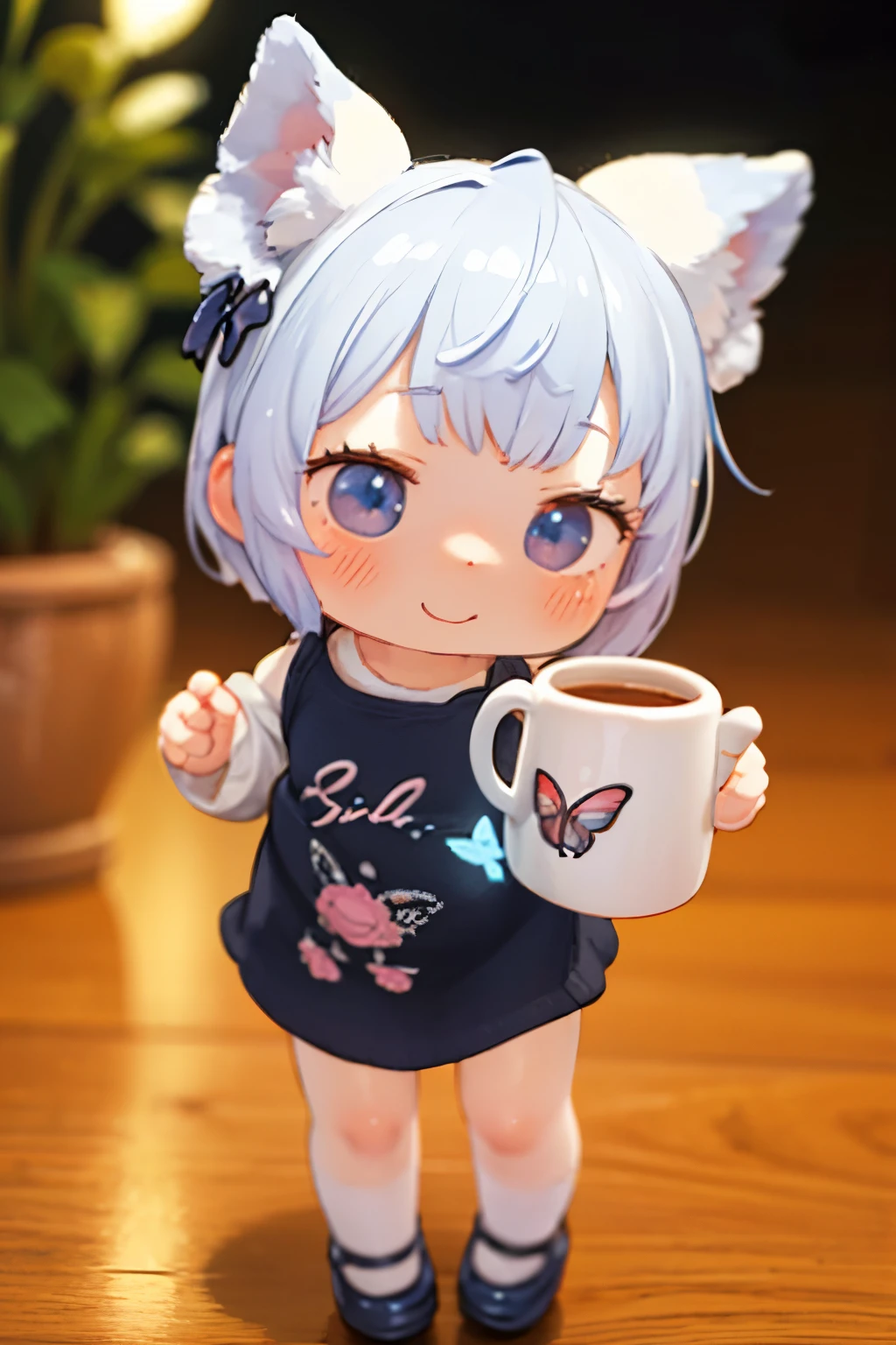 Photorealistic、Painting on a mug(Chibi Girl Doll(Embarrassed blushing smile、Morpho butterfly-inspired clothing that glows softly in the dark、Legs style、Cute Shoes、Cute Hairpins、rotate、Dance with grace))