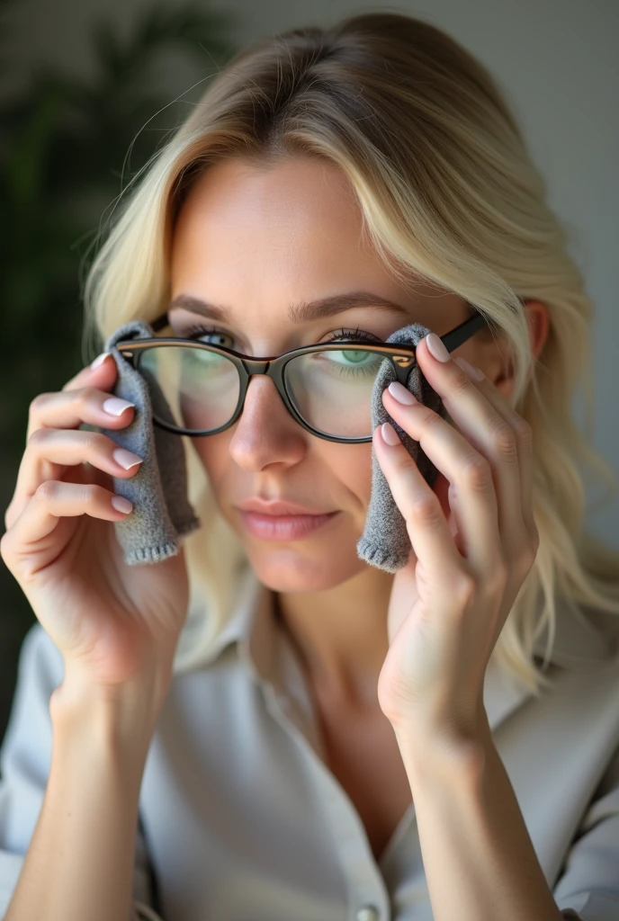 Color photo of a white American woman cleaning her spectacles with a microfiber cloth, capturing a close-up, natural and realistic portrait in a well-lit indoor setting, mobile photograph, camera settings: iPhone 12 Pro, VSCO Cam app, indoor lighting.
