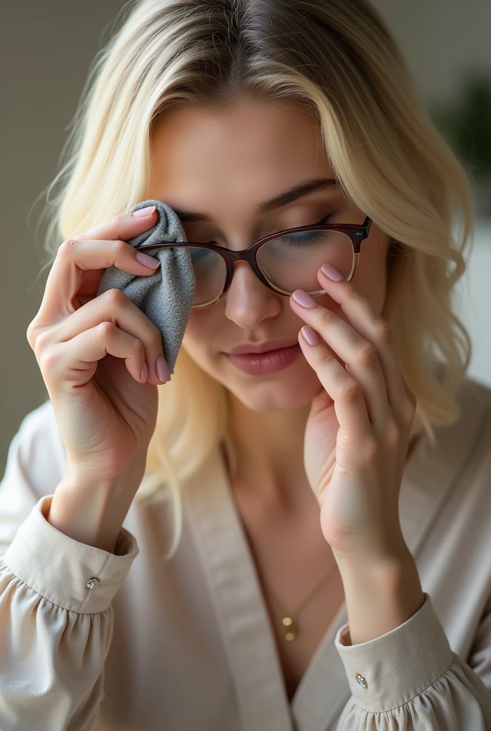 Color photo of a white American woman cleaning her spectacles with a microfiber cloth, capturing a close-up, natural and realistic portrait in a well-lit indoor setting, mobile photograph, camera settings: iPhone 12 Pro, VSCO Cam app, indoor lighting.