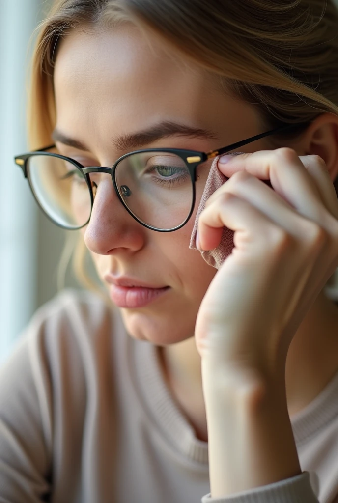 Color photo of a white American woman cleaning her spectacles with a microfiber cloth, capturing a close-up, natural and realistic portrait in a well-lit indoor setting, mobile photograph, camera settings: iPhone 12 Pro, VSCO Cam app, indoor lighting.